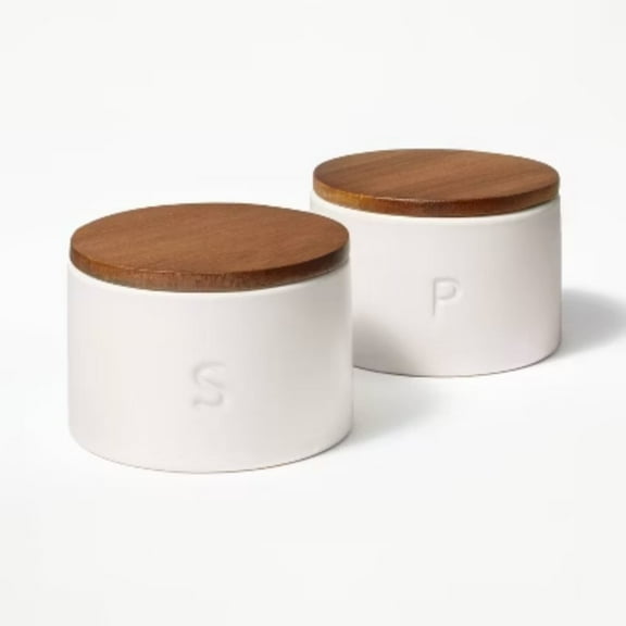 Set of 2 Stoneware Salt and Pepper Cellar with Wood Lid Cream