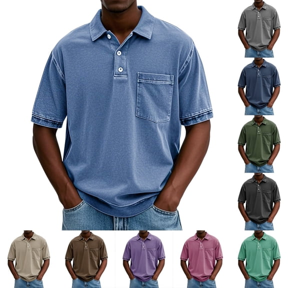 Mens Vintage Washed Polo Shirts Classic Fit Pullover Shirts Summer Lapel Button Tops Casual Retro Distressed Tee Top, 4XL
