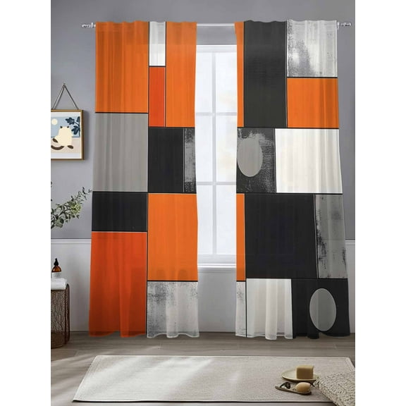 Burnt Orange Black Grey Sheer Curtains for Living Room Bedroom Vintage Contemporary Geometric Sheer Curtains 84 Inch Long 2 Panels Set Light Filtering Curtain Window Treatments Drapes for Dining Room