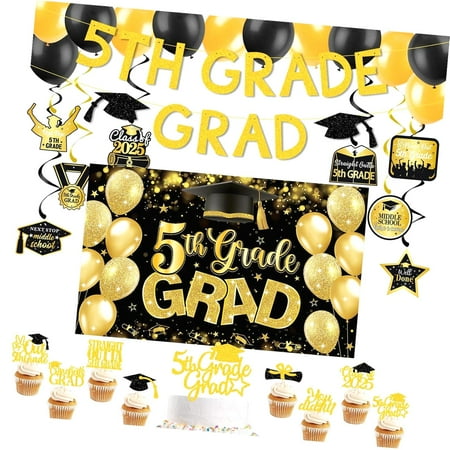 SKYSONIC 5TH Grade Graduation Decorations 2025 with Banner, Backdrop, Cake Topper, Cupcake Toppers, Balloons, Hanging Swirls for 5TH Grade Party Decorations, Fifth Grade Graduation Party Supplies