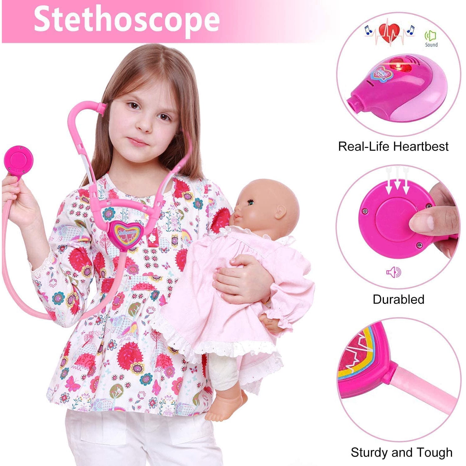 NimJoy Toy Doctor Kit for Girls 3-6 Years Boys, 40PCS Pink Coat & Toy Stethoscope Braces Medical Kits Preschool Pretend Dentist Play Set Gift to Toddler Birthday Christmas Present