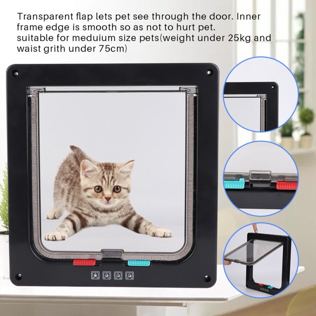Cat Dog Flap Door, Square ABS Acrílico controlable Switch Pet Door 4 Way Locking Mascotas Impermeabl ittens Waistline Under 29.53 Inch(Negro) 4 Vías de Spptty suministros para gatos
