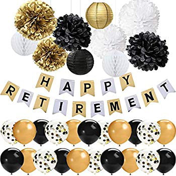 42 PCS Black Gold Retirement Party Decorations Set Happy Retirement Banner 12 Inch Latex Balloons Tissue Pom Poms Flowers Paper Lanterns Retired Decorations Party Supplies