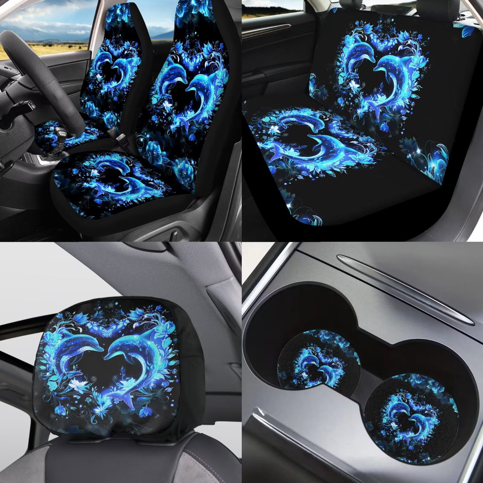 Jeiento Dolphin Car Seat Cover Split Covers Full Set 11 PCS, with Headrest Cover Keychain Coasters Love Heart Handbrake Cover Gear Shift Knob Cover for Men Women, Easy to Install