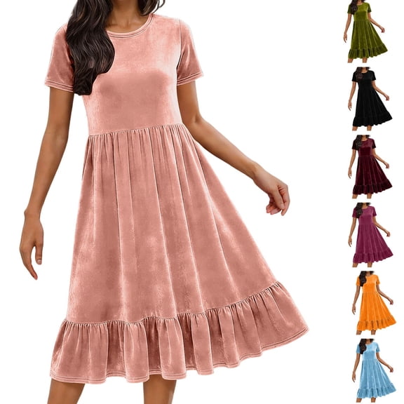 Ashirexll Womens Summer Dresses, Casual Dresses for Women, Fashion Solid Color Loose Round Neck Short Sleeve Velvet Dress