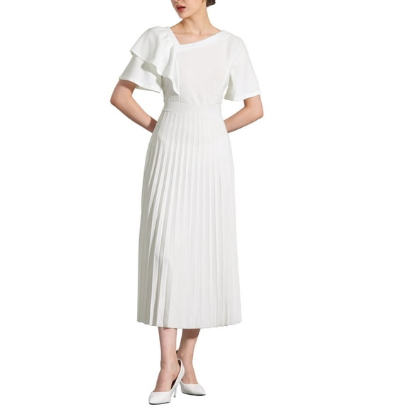 INSPIRE CHIC Ruffles Short Sleeve Dress Women's Asymmetrical Neck Pleated Hem Midi Summer Dress