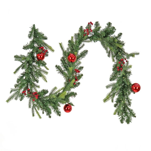 National Tree Company Pre-Lit Feel Real® Artificial Christmas Garland, Green, Scotch Creek Fir, Red Berries, Red Ball Ornaments, 50 Warm WhiteLED Lights,  Battery Operated,  Timer, 6 Feet