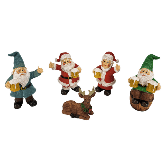 Santa Claus, Mrs. Claus and the Happy Gnomes Beer Drinking Buddies! - 5-Piece Garden Gnome Set for the Miniature Fairy Garden by GlitZGlam