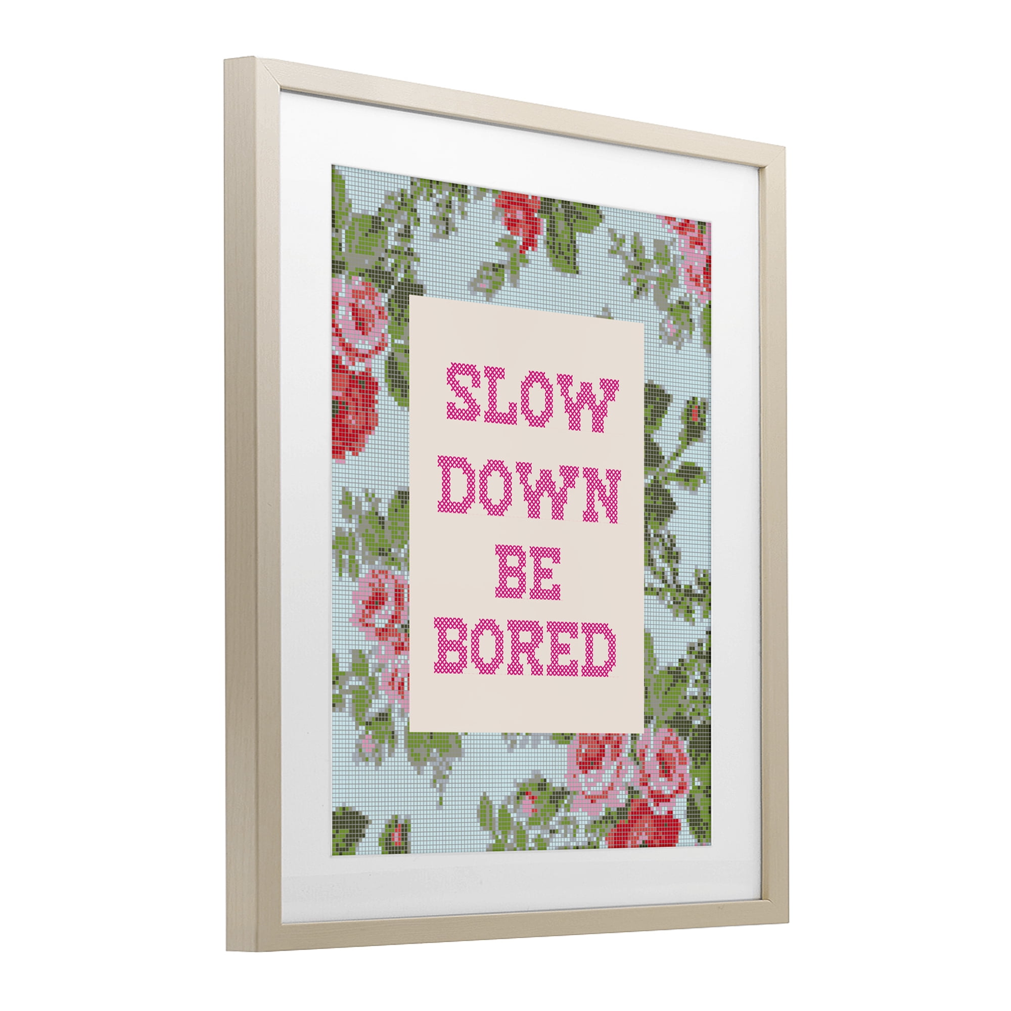 Stupell Industries Slow Down Be Bored Faux Cross Stitch Birch Framed Print Under Glass, design by Lil' Rue