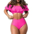 thumbnail image 5 of 1 Set Sexy Off Shoulder Bikini Set Ruffled Trim Bandeau Bra High Waist Hollow Out Swimming Trunks Set Push Up Swimwear, 5 of 7