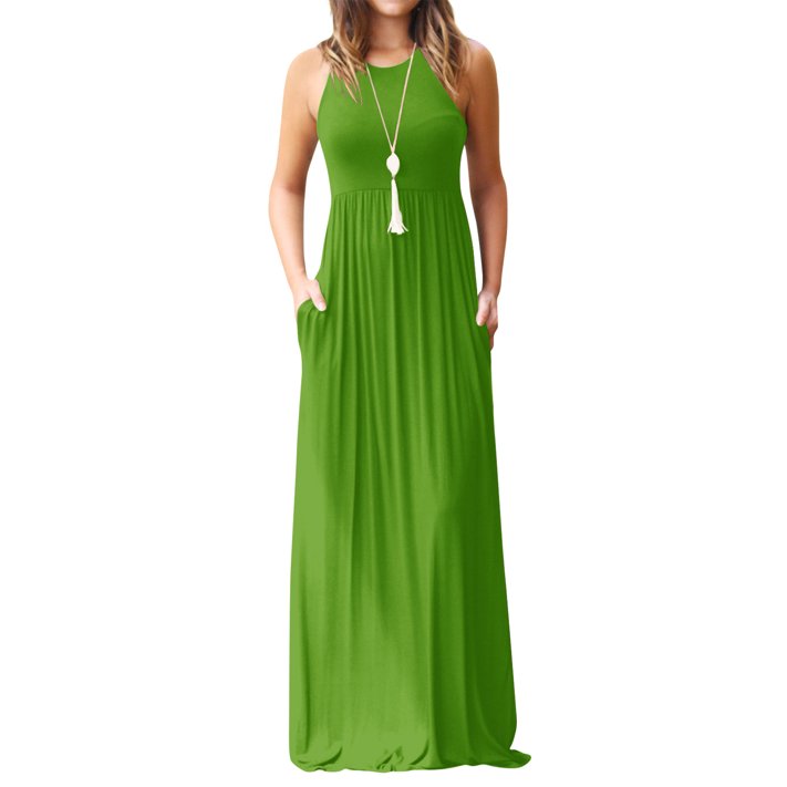 Women Round Neck Sleeveless Pure Color Long Dress with Pocket - Walmart.com