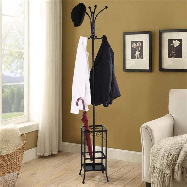 8 Hook Coat Hat Rack/Tree With Umbrella Holder, Black