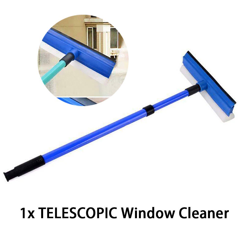 2 In1 Telescopic Extendable Window Cleaning Squeegee Cleaner Wiper Handle Washer Scrubber