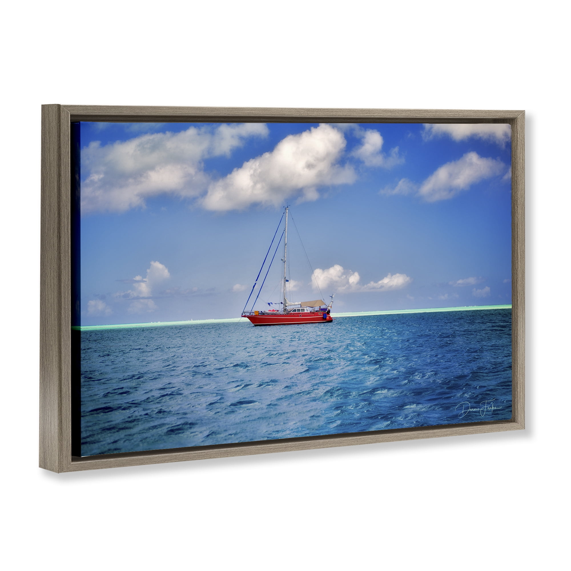 Stupell Industries Ship & Cloudy Sea Nautical & Beach Photography Brown Floater Framed Canvas Art Print Wall Art, 31 x 21