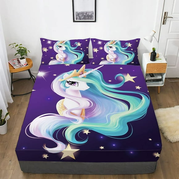 3D Unicorn Fitted Sheet Twin XL Size, Unicorn Bedding Set 2Pcs(1 Unicorn Fitted Sheet and 1 Unicorn Pillowcases) Unicorn Bed Sheet Set for Teens and Kids