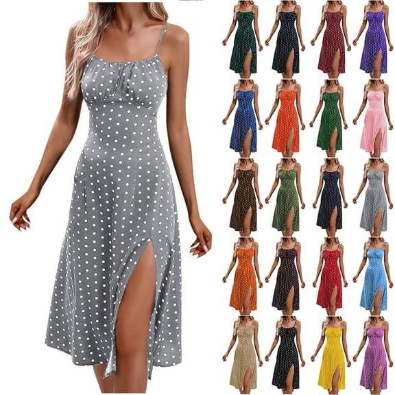 BiZtdJrK Womens Polka Dot Sundresses Spaghetti Strap Summer Dresses Slim Fit Side Slit Midi Dress Vacation Line Beach Dress Blue L
