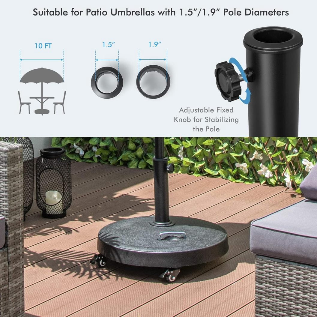 WJSP 51 lbs Patio Umbrella Base with Wheels, 20.5 Inches Heavy Duty Round Outdoor Umbrella Stand for 10 ft Table Market Offset Umbrella, Fit Umbrella Pole 1.5-1.9 inches, Weighted Umbrella Base