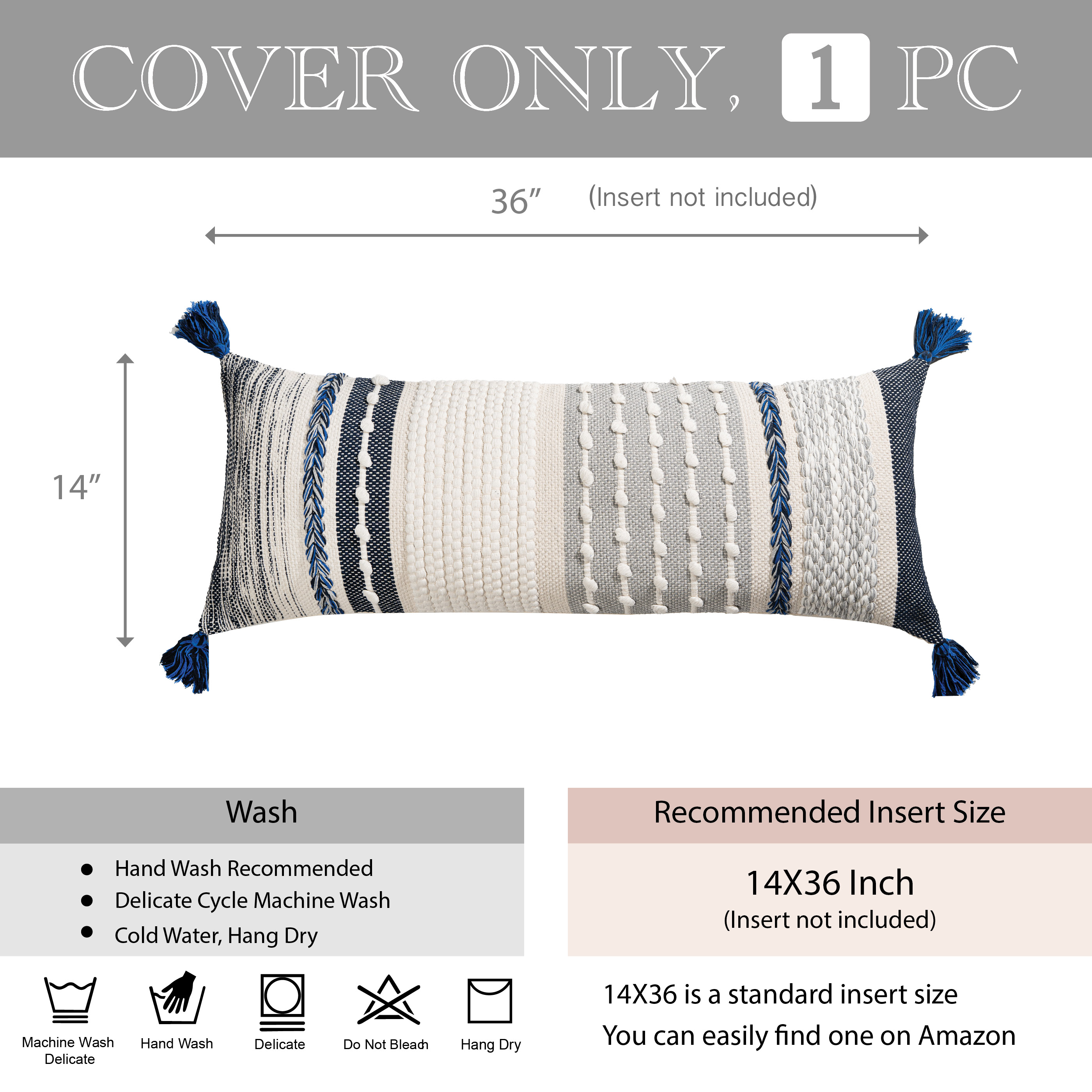 BlissBlush Navy Dark Blue Boho Decorative Lumbar Pillow Cover 14x36, Long Body Pillow for Bed, Accent Lumbar Throw Pillow for Couch, Modern Farmhouse Textured Pillowcase