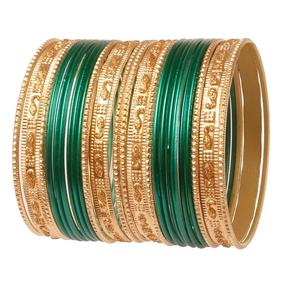 Sunsoul by Touchstone Indian Bollywood "Colorful 2 Dozen Bangle Collection" Golden Glitters Textured Teal Green Large Size Designer Jewelry Special Bangle Bracelets Set Of 24 In Gold Tone For Women.