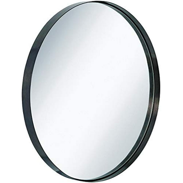 Hamilton Hills Contemporary Brushed Metal Black Wall Mirror | Glass Panel Black Framed Rounded Circle Deep Set Design (30" Round)