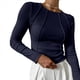 thumbnail image 3 of Camisas de Larga para Mujer, Corte Entallado, Cuello Redondo, Ropa de Otoño, Costuras Expuestas, Blusas Básicas Acanaladas. Azul Marino L, 3 of 7