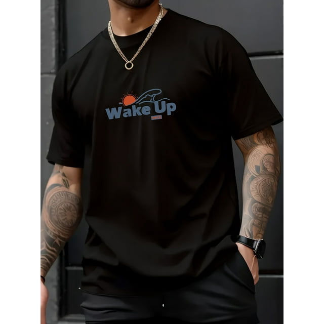 Wake Up And Sun Print Men's Creative Top, Casual Short Sleeve Crew Neck T-shirt, Men's Clothing For Summer Outdoor