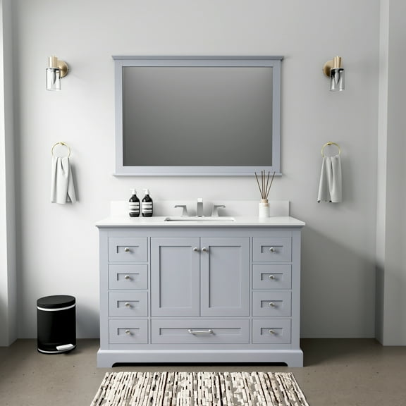 Dukes 48 in W Dark Grey Single Bath Vanity, White Quartz Top, Faucet Set, and 46 in Mirror