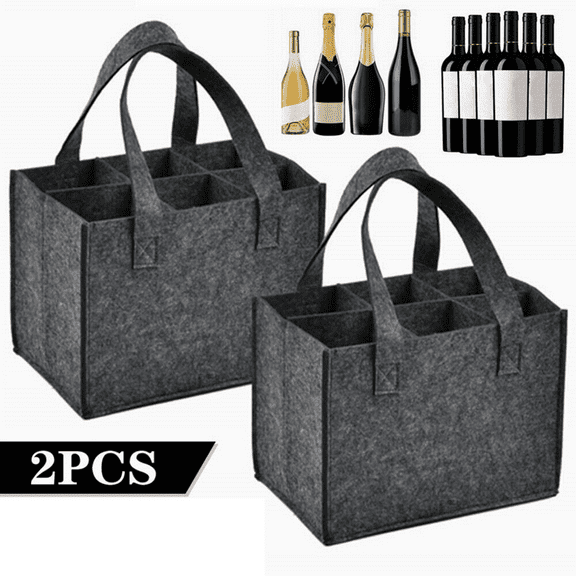 2 Pack Wine Carrier Bag, 6 Bottle Felt Beer Bottle Bag Wine Tote Bag Portable Wine Storage Bag with Handle for Travel Camping Picnic