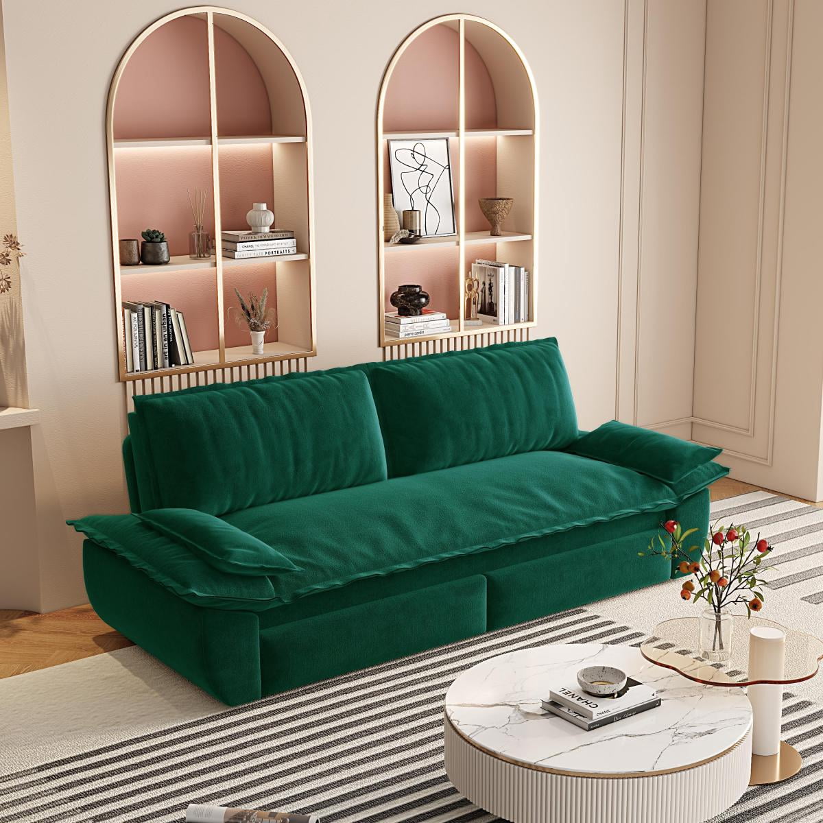 73.2" Queen Pull Out Sofa Bed, 3-in-1 Convertible Sleeper Sofa, Multi-Functional Velvet Loveseat Bed for Living Room, Bedroom, Apartment, Office