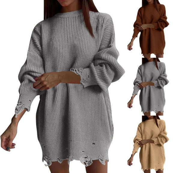 Women's Cable Knit Sweater Dress Crewneck Oversized Pullover Tunic (Coffee, L)