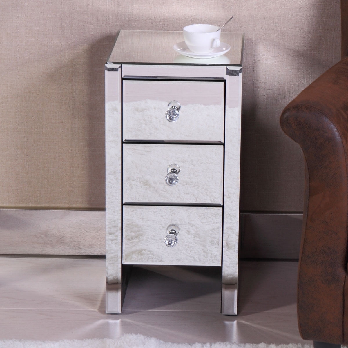 End Table Mirrored Storage Lamp Table Nightstand 3-Drawer Home Bedroom Furniture 
