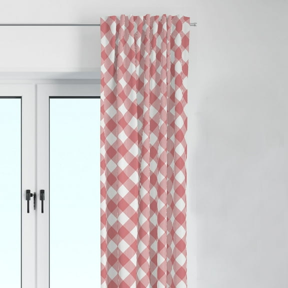 Bacati - Single Light Filtering Curtain Panel Watercolors Plaid Coral Gray