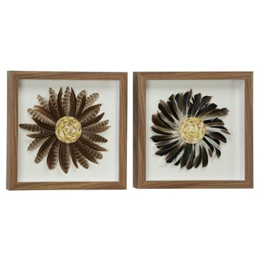 Decmode Eclectic Style Brown & Black Feather Shadow Box Wall Décor in Square Wood Frames, Set of 2: 15” x 15”