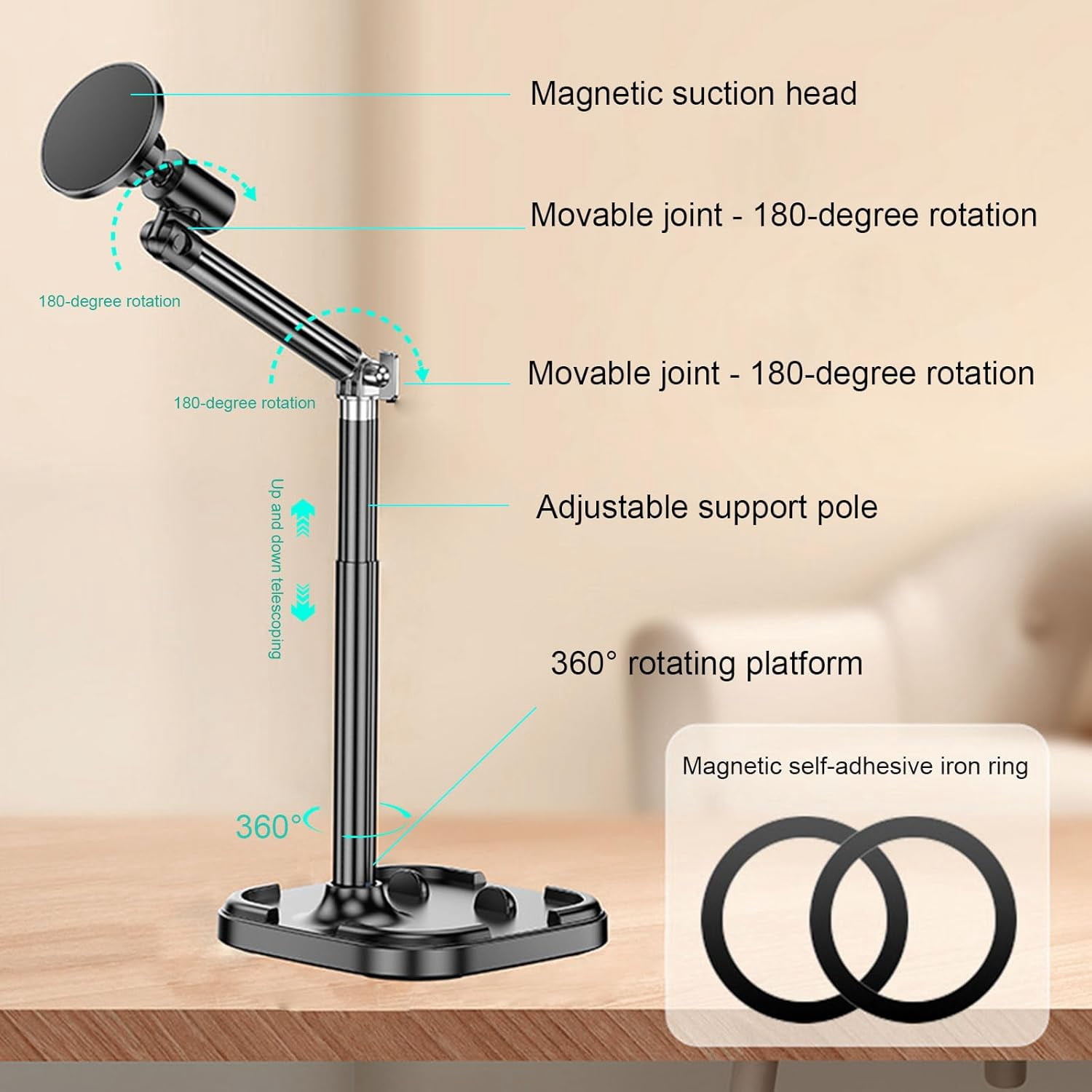Adjustable Magnetic iPhone Stand for Desk, Phone MagStand Filming, Holder Compatible with and All Mobile Phones Tablet (with 2Pcs Rings)
