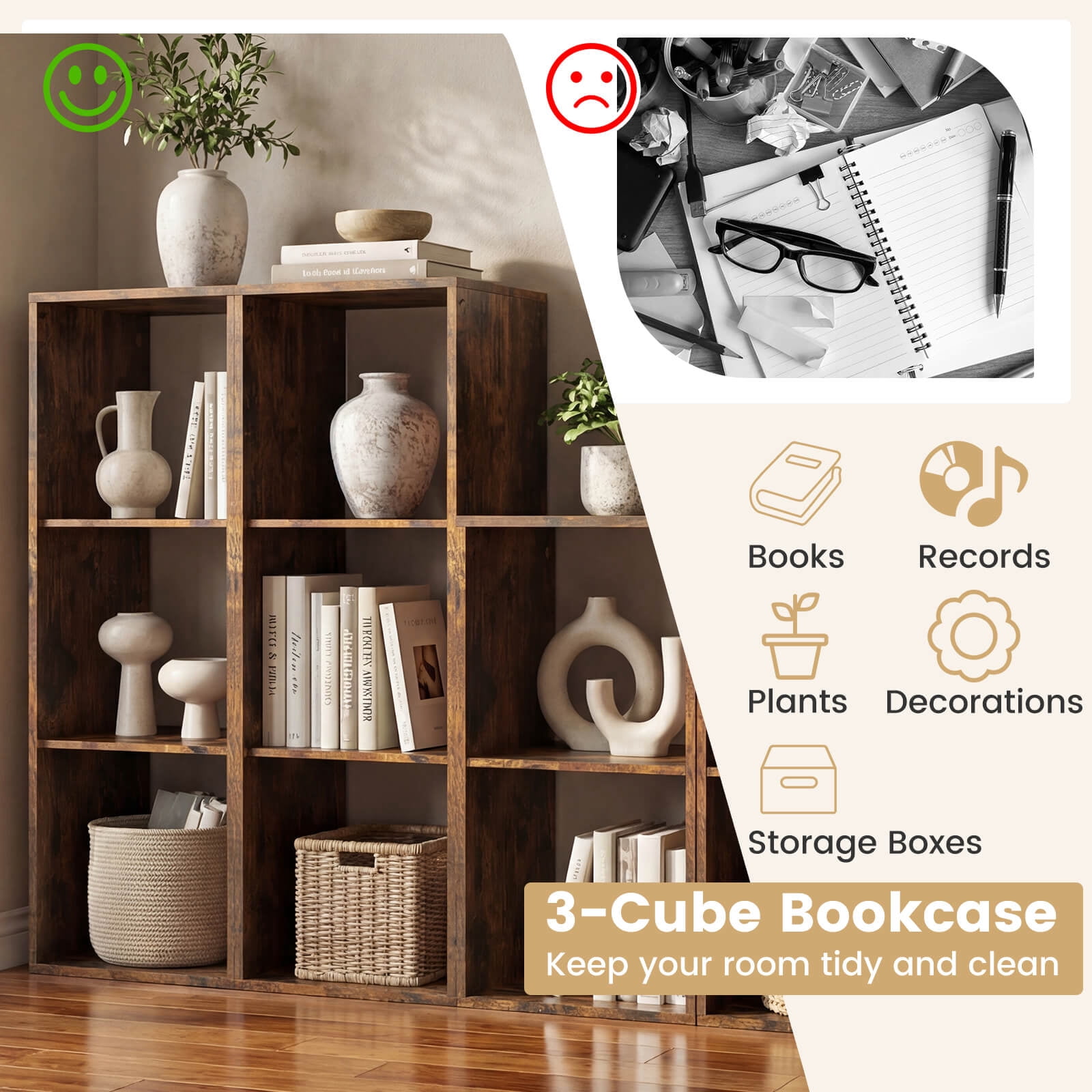 Costway 3-Cube Bookshelf,Modern Vertical Bookcase with Back Guardrail & Anti-tipping Kits Coffee