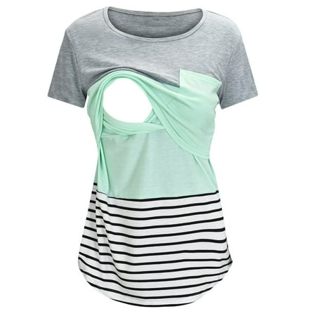 

Baycosin Maternity T Shirts Summer O-neck Nursing Tops Short Sleeve Patchwork Printed Tees For Breastfeeding
