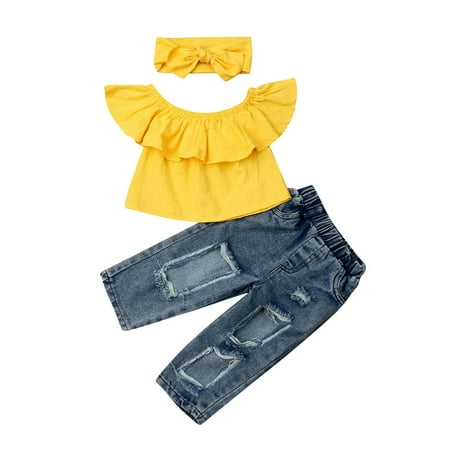 

3Pcs Toddler Kids Baby Girls Off Shoulder Tops Ruffle Blouse Denim Pants Outfits New Fashion Summer Clothes