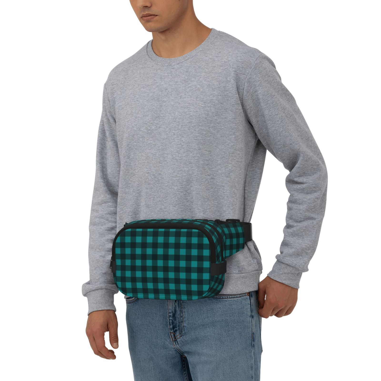 Kuqiui Teal On Black Plaid Print Fanny Packs for Women Cross Body Waist Bag Fashionable Fanny Pack Designer Workout Hiking Waist Pack Running Travel Gym