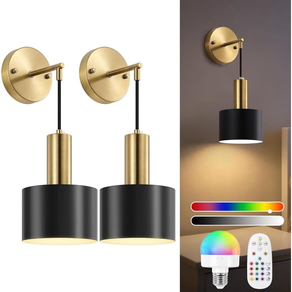 Battery Operated Wall Sconces Set of Two, Black & Gold Wireless Rechargeable Wall Lights with Remote, 15 Colors Dimmable LED Wall Lamps, Modern Cordless Sconce for Bedroom Living Room Hallway
