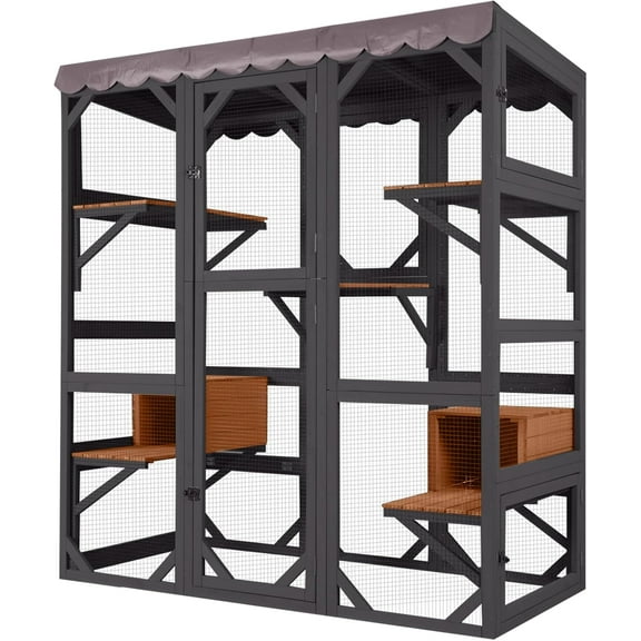 Aivituvin Catio Outdoor Cat Encolsure 71" Large Cat House Window Catio Walk in Kitty Shlter with Resting Box,Upgrade Waterproof Cover,Brown