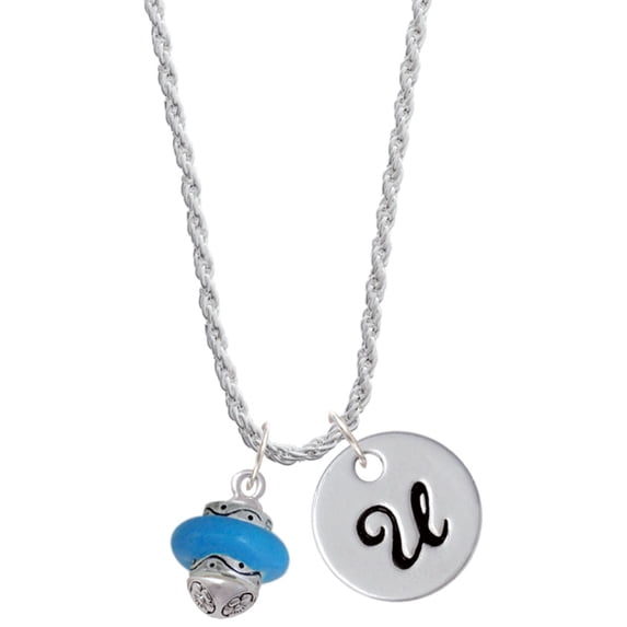 Delight Jewelry Silvertone Hot Blue Center Spinner Silvertone Script Initial Disc - U - Charm Necklace, 20"+3"