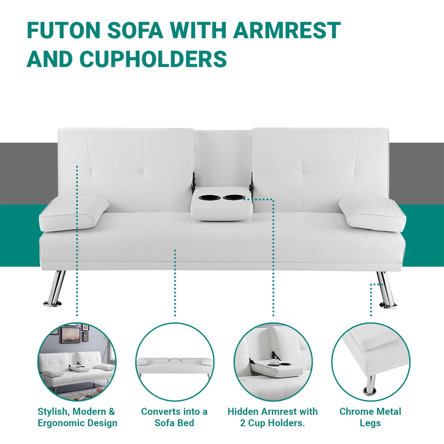 Futon Sofa Bed, Faux Leather Futon Couch with Armrest and 2 Cupholders, Pull Out Sofa Bed Couch Convertible with Metal Legs, Folding, Reclining Small Couch Bed, Futon Bed for Living Room - White