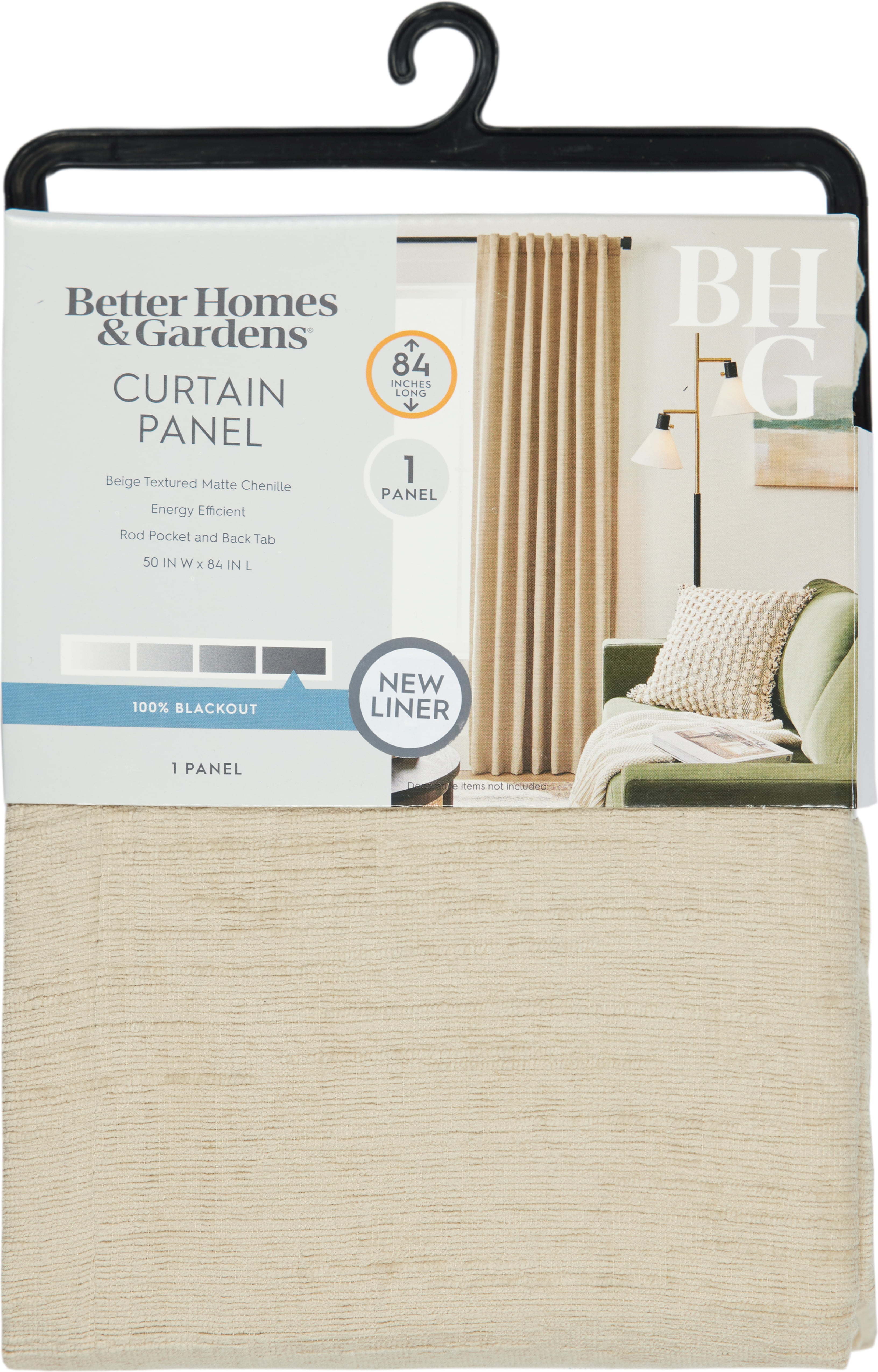 Better Homes & Gardens Textured Solid Chenille Blackout Single Curtain Panel, Beige, 50"W x 84"L