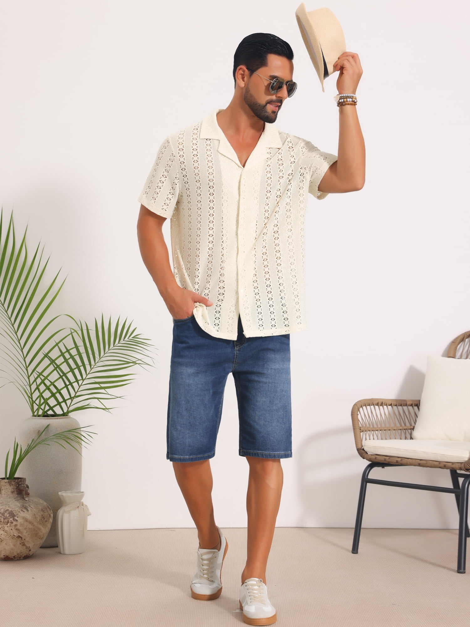 DARING DIVA Men's Hawaiian Camp Collar Button Down Short Sleeve Textured Shirts L Beige