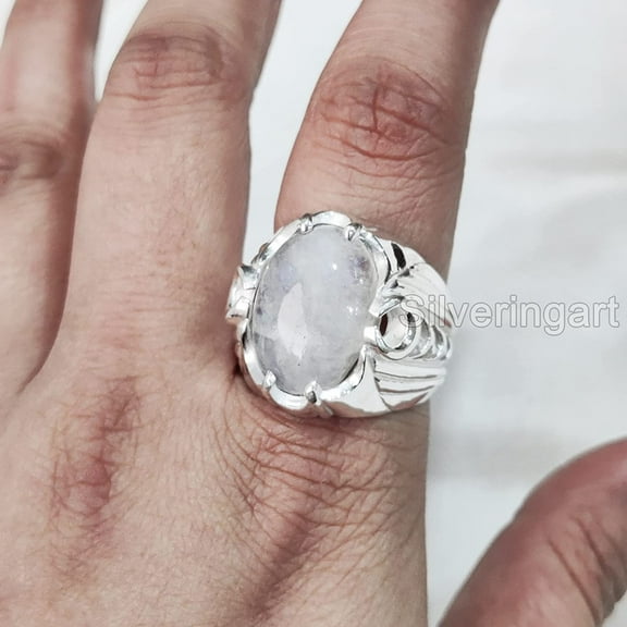 Rainbow Moonstone Mans Ring, Natural Blue Fire Rainbow Moonstone, Silver Jewelry, 925 Silver Ring, Birthday Gift, Heavy Mens Ring, Arabic Design, Ottoman Style Ring, Christmas, Turkey Mens Signet Ring