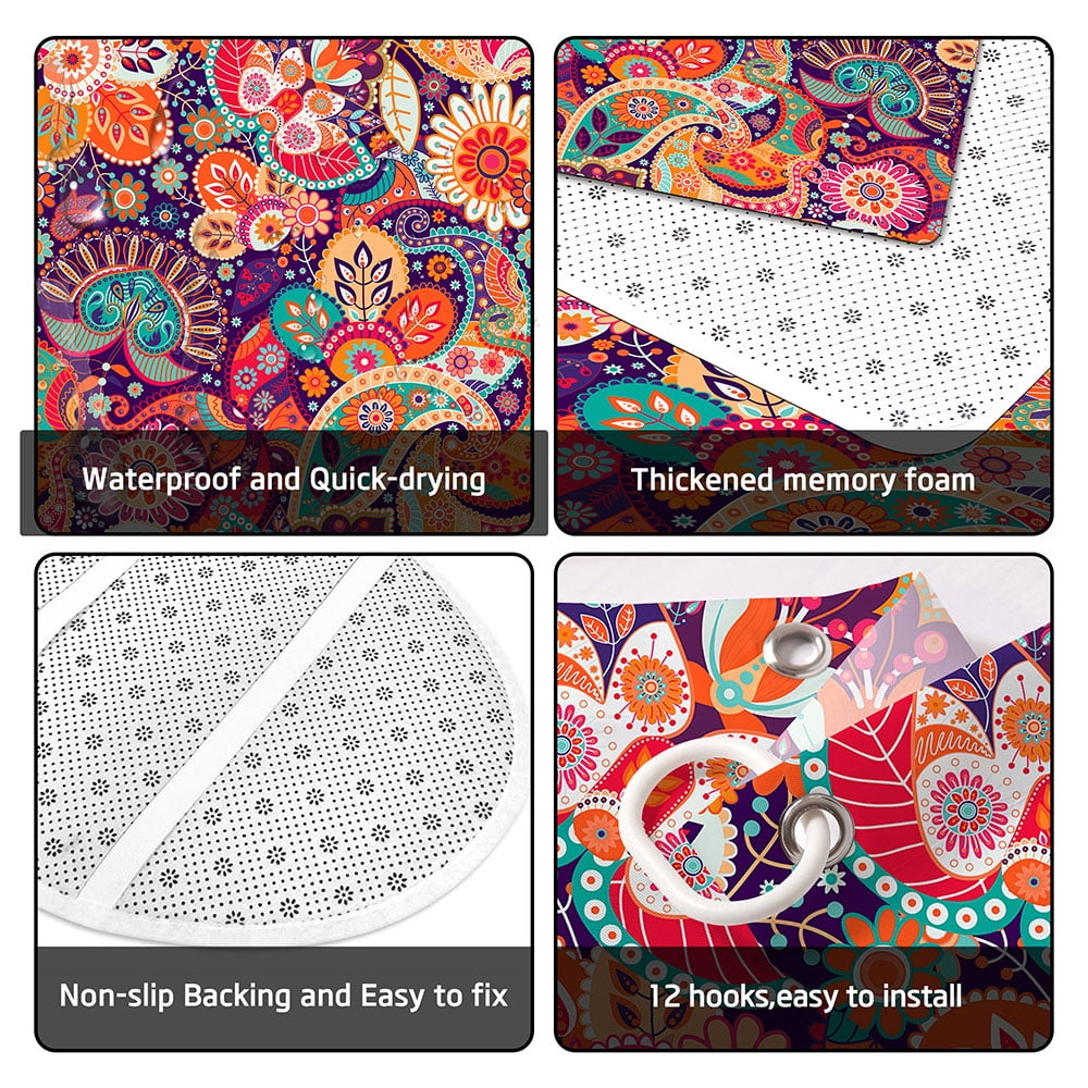 4 Pcs Boho Paisley Mandala Floral Shower Curtain Set with Rug Toilet Cover and Bath Mat for Bathroom