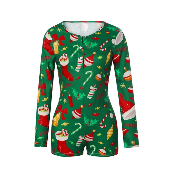 Pijama navideño para mujer, mono corto con estampado de Papá Noel de dibujos animados, mono de manga larga, sexy, ajustado, talla grande, ropa de dormir navideña
