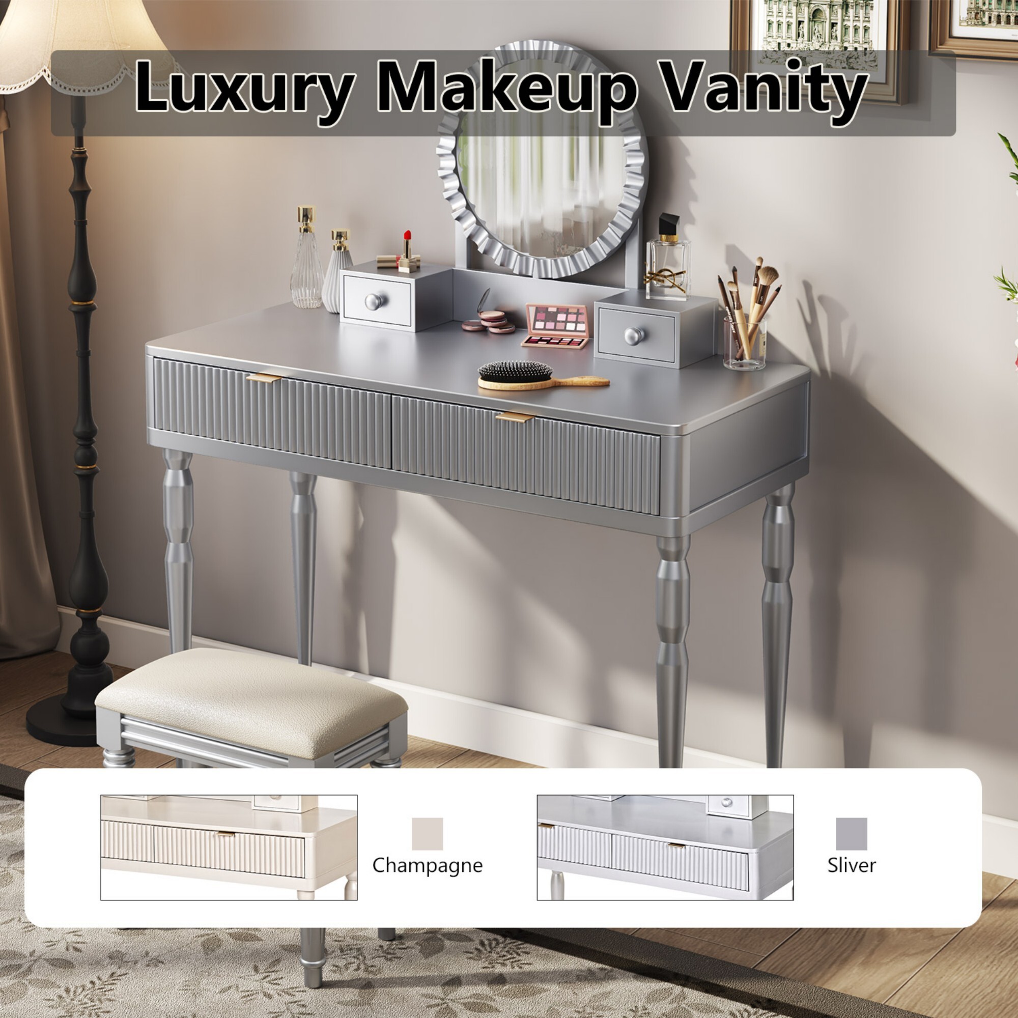 AENKYO Vanity Table with Stool & Adjustable Mirror, Vintage Modern Solid Wood Makeup Desk with 4-Drawer, Silver