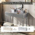 thumbnail image 6 of AENKYO Vanity Table with Stool & Adjustable Mirror, Vintage Modern Solid Wood Makeup Desk with 4-Drawer, Silver, 6 of 12