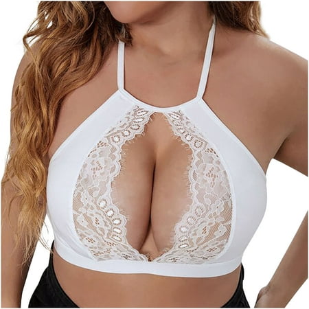 

YYDGH Women s Sheer Lace Bralette Halter High Neck Racerback Wireless Sexy See Through Bra Hollow Out Backless Buster Top White L